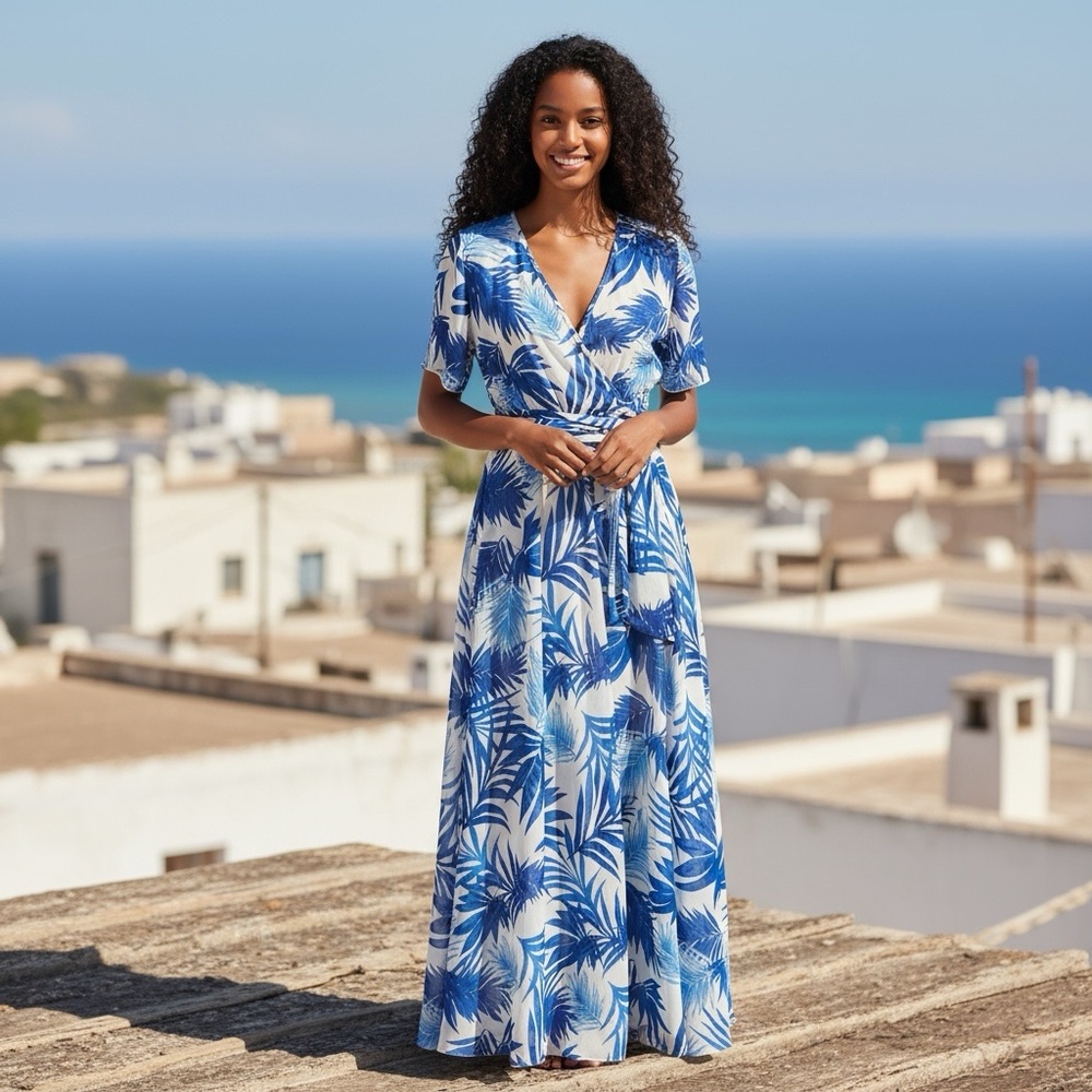 Indigo Rose Blue and White Tropical Pattern Maxi Dress Small